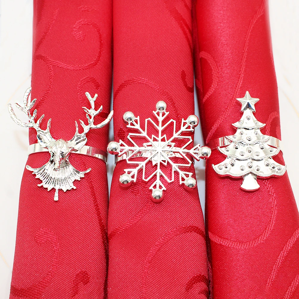 6Pcs Silver Christmas Napkin Ring Xmas Snowflake Napkin Rings Holder Metal Deer Serviette Buckle for Christmas Party Table Decor