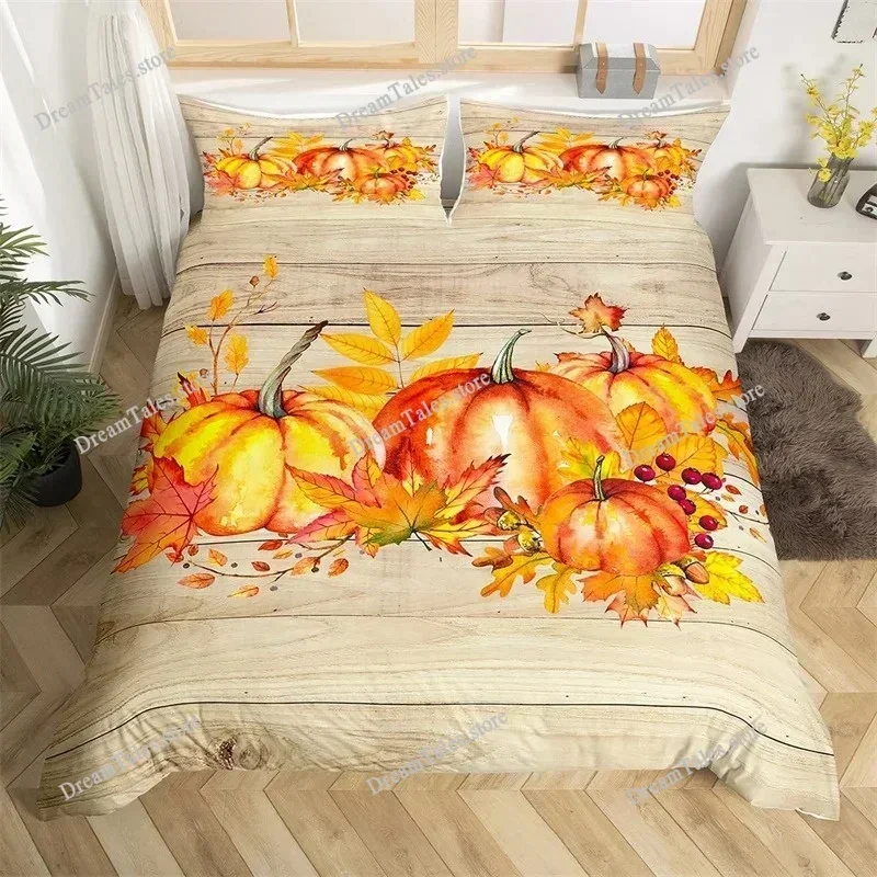 Bedding Decor Happy Thanksgiving Duvet Cover Fall Maple Leaf Bedding Set Microfiber Gnome Gold Pumpkin Farm Harvest Comforter Co