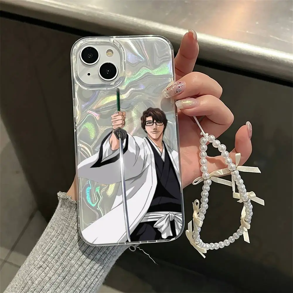 

Anime A-Aizen S-Sousuke Phone Case For iPhone 17 16 15 13 14 Pro Max 11 12 Plus Luxury Laser Silver Gradient Silicone Cover