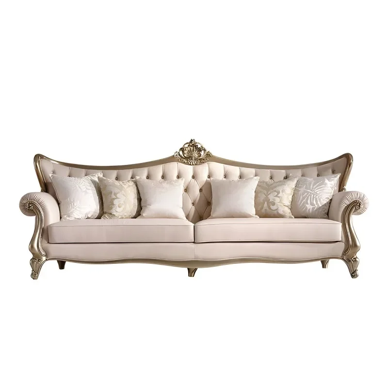 French cream style solid wood leather sofa