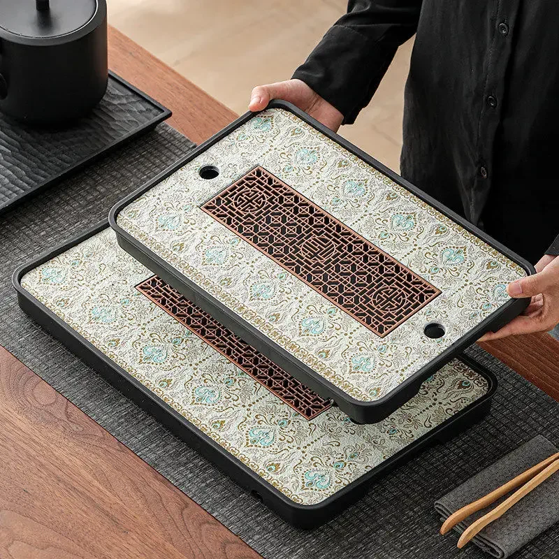 

Retro Dunhuang Imitation Black Stone Tea Tray Rectangular Dry Bubble Table Household Tea Accessories Tray Drain Tray