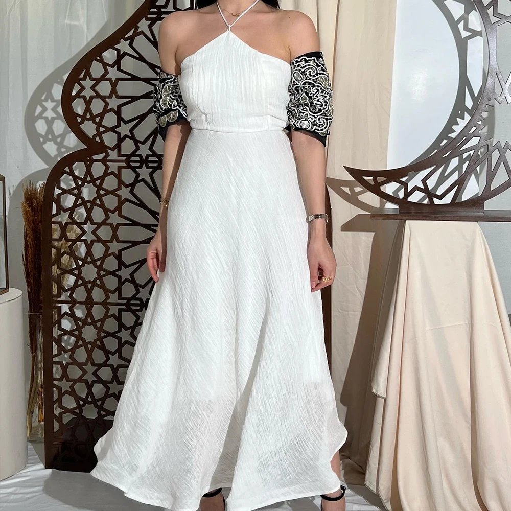 Customized Jersey A-Line Off the Shoulder Evening Dress Halter Half Sleeves Floor Length Photo Color Vestidos para mujer