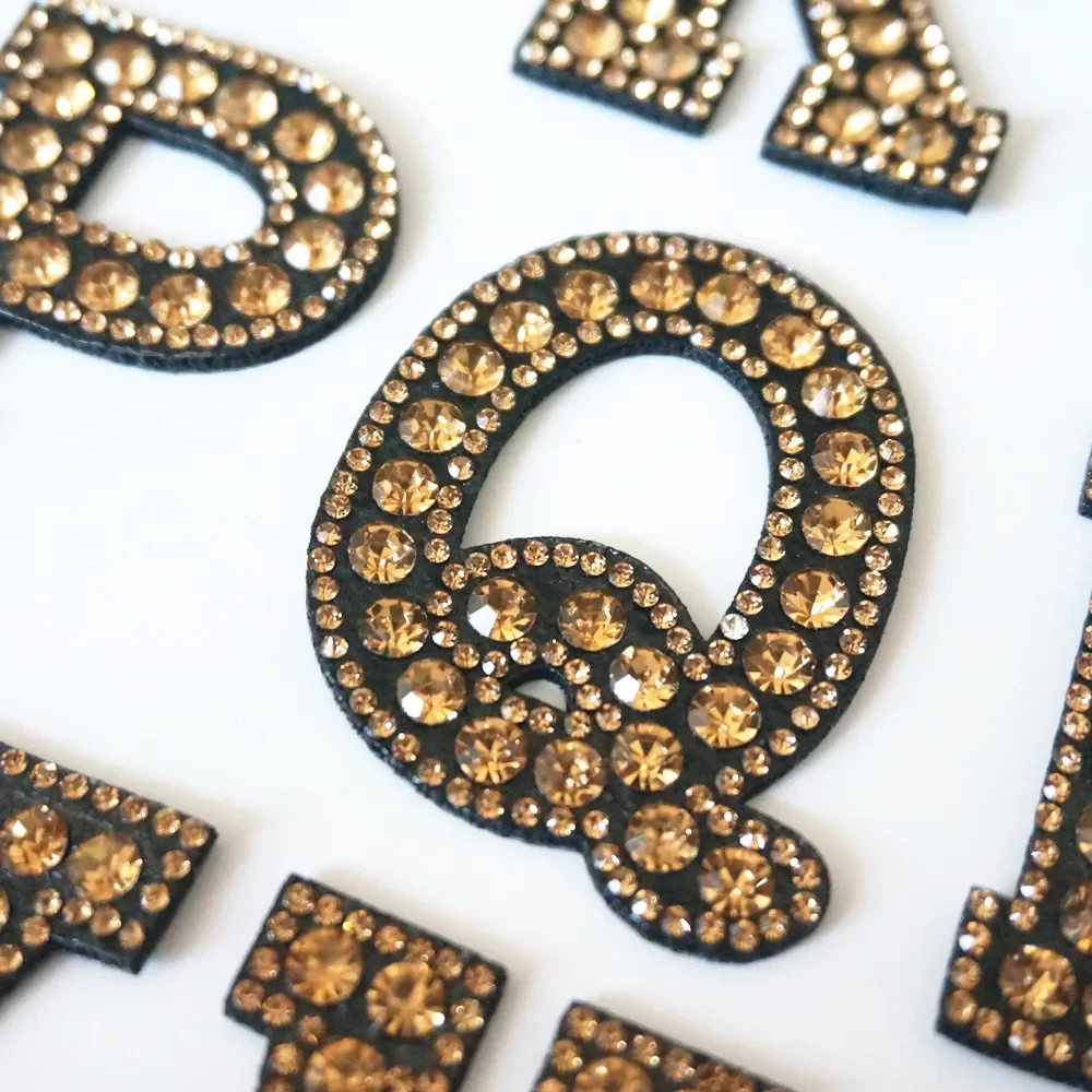 26 Letters Rhinestones Alphabet Champagne Sew Iron On Patches Shining Badges For Name DIY Hat Bag Jeans Clothes Appliques Crafts