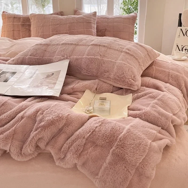 

4PCS Faux Rabbit Fur Autumn Winter Warm Bedding Weighted Blankets for Beds Bed Sheet Quilt Cover and Pillowcase Funda Nórdica