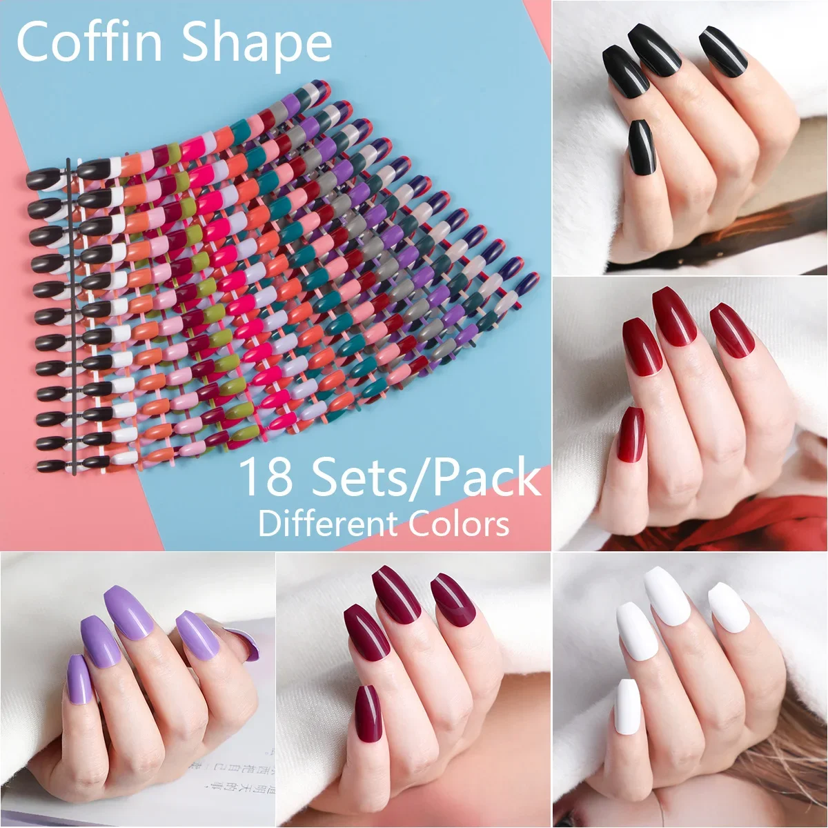 

18 Sets Mixed Coffin Shape Short False Nail Tips Different Colors Full Cover Artificial Nails for Home Nail Art DIY 24PCS/Set