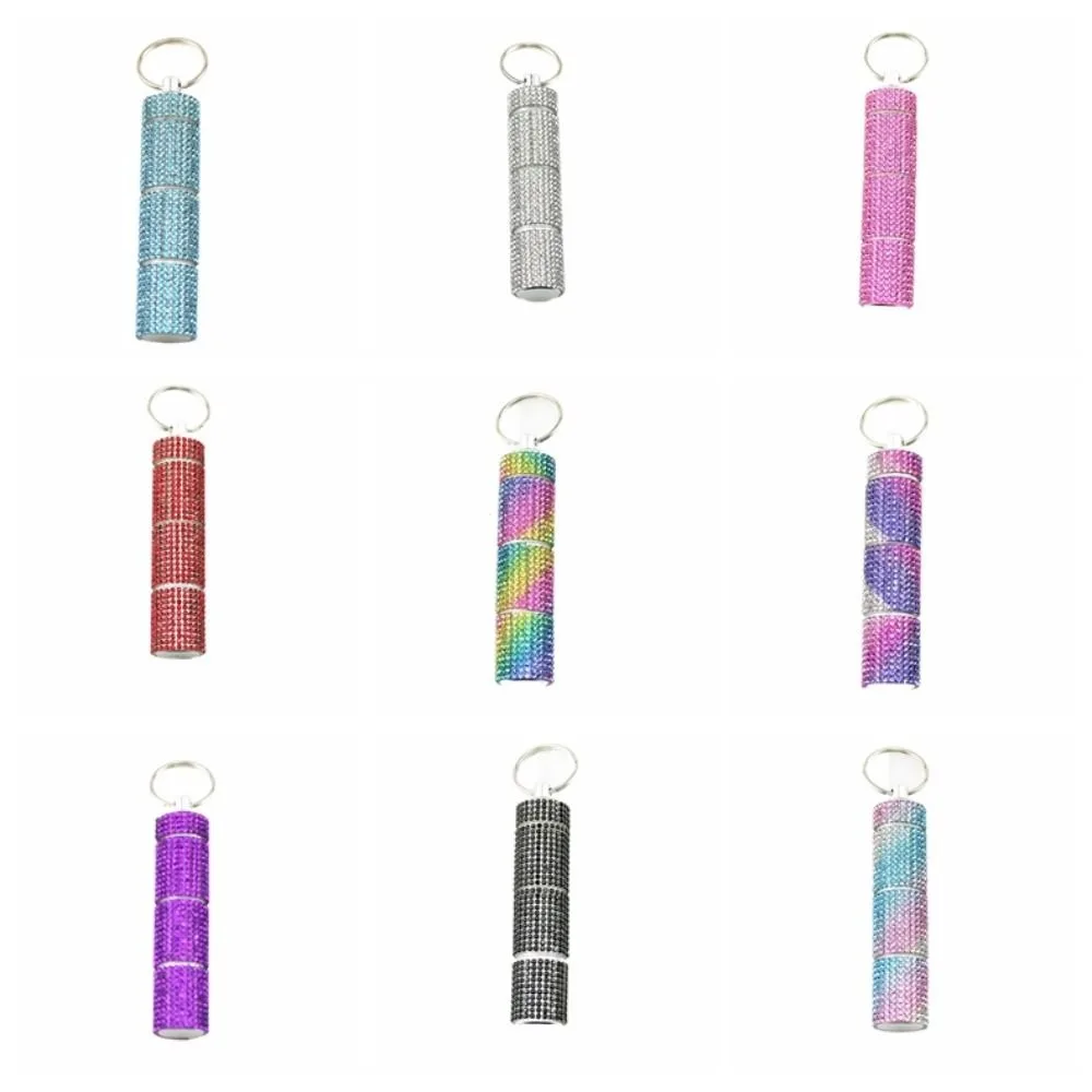 

Rhinestone Shiny Pill Case Keychain Waterproof Mini Cute Pill Storage Box Portable Key Ring Organizer Bottle Pendant Travel