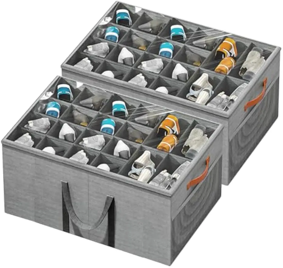 

Большой ящик-органайзер для обуви, складной комплект из 2 штук для хранения вещей на 24–48 пар, прозрачная крышка и ручки, решение для экономии места в шкафу