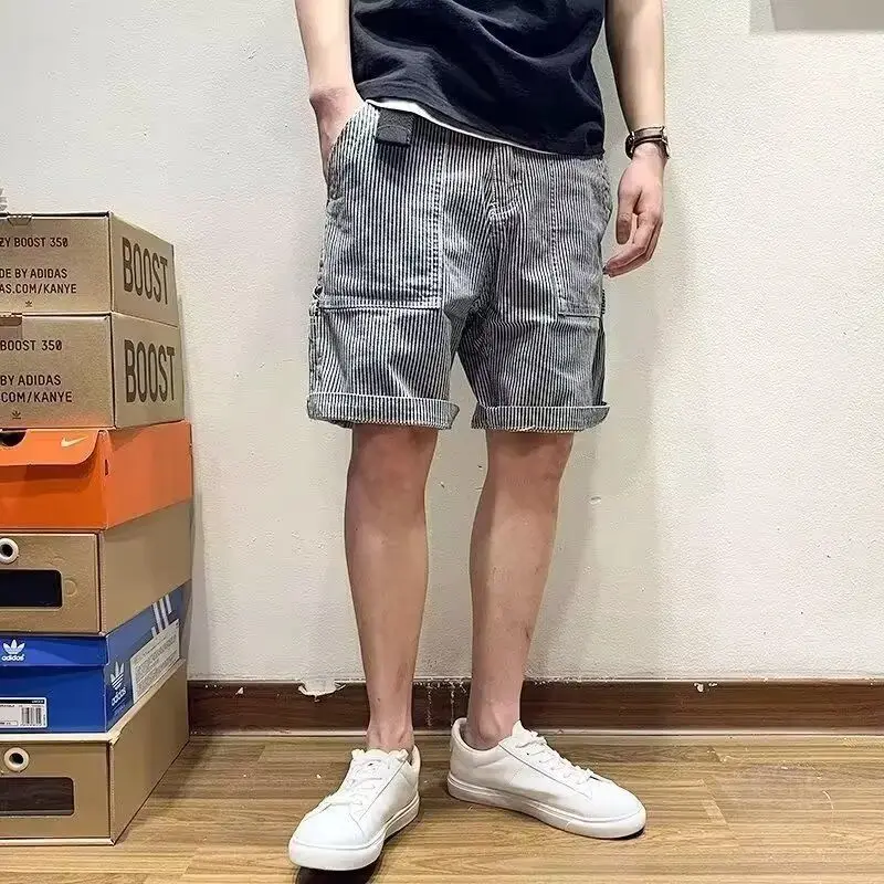 

Summer Thin 2025 Luxury Clothing Denim Shorts Men's Korean Loose Straight Five-point Pants Trendy Striped Five-point Horse Pants