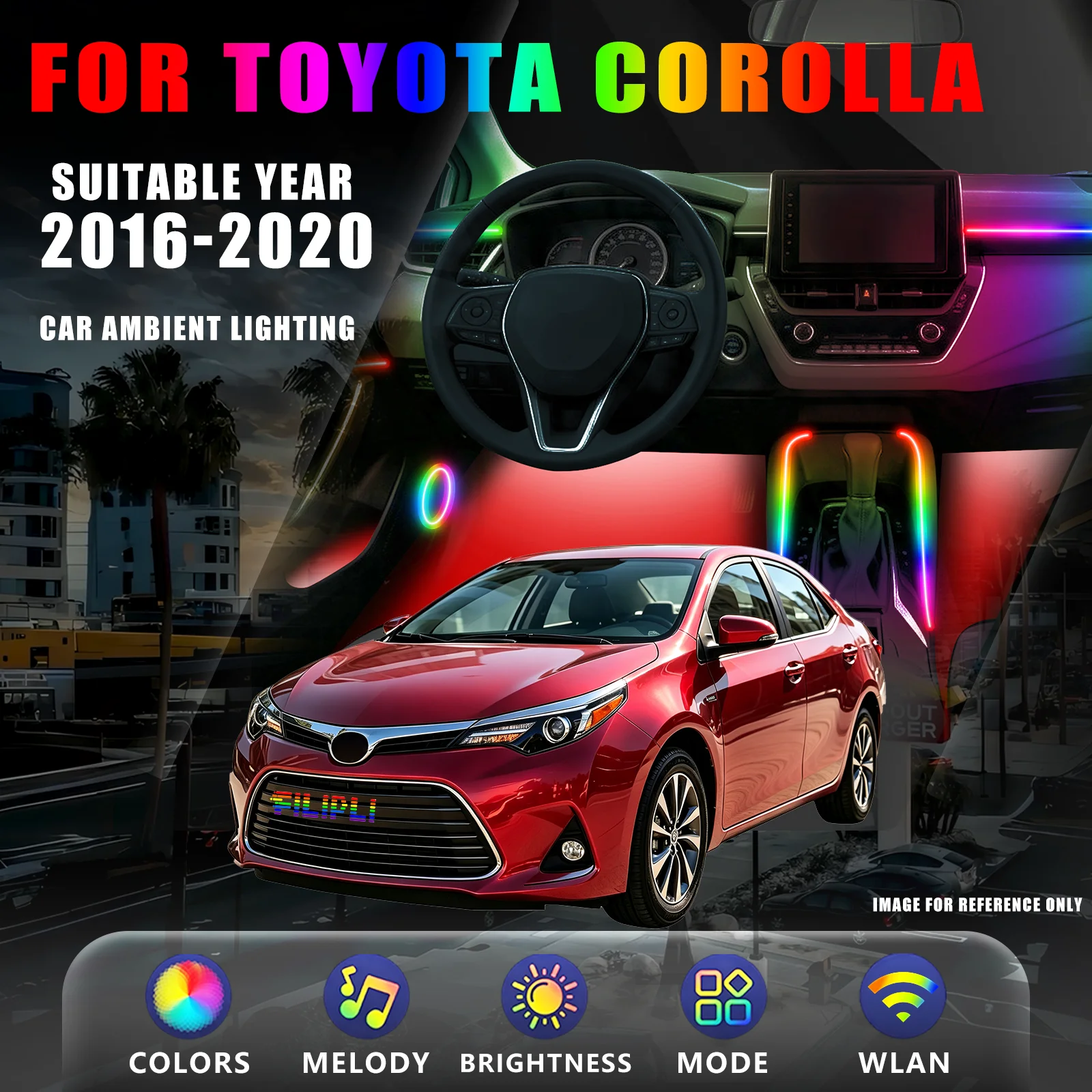 FOR TOYOTA Corolla 2016-2020 DREAM COLOR 6 Lights Car Ambient Lighting Kit Acrylic Interior Car LED Lights Music Sync Accent Lighting Car Footwell Strip Lights No Cut Installation Custom Mood Lamp Car Interior Upgrade Accessories