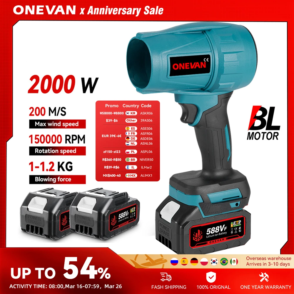 Onevan sem escova 2000w turbo elétrico ventiladores jato ventilador 200 m/s violento secador de carro portátil ferramenta soprando poeira para makita 18v bateria