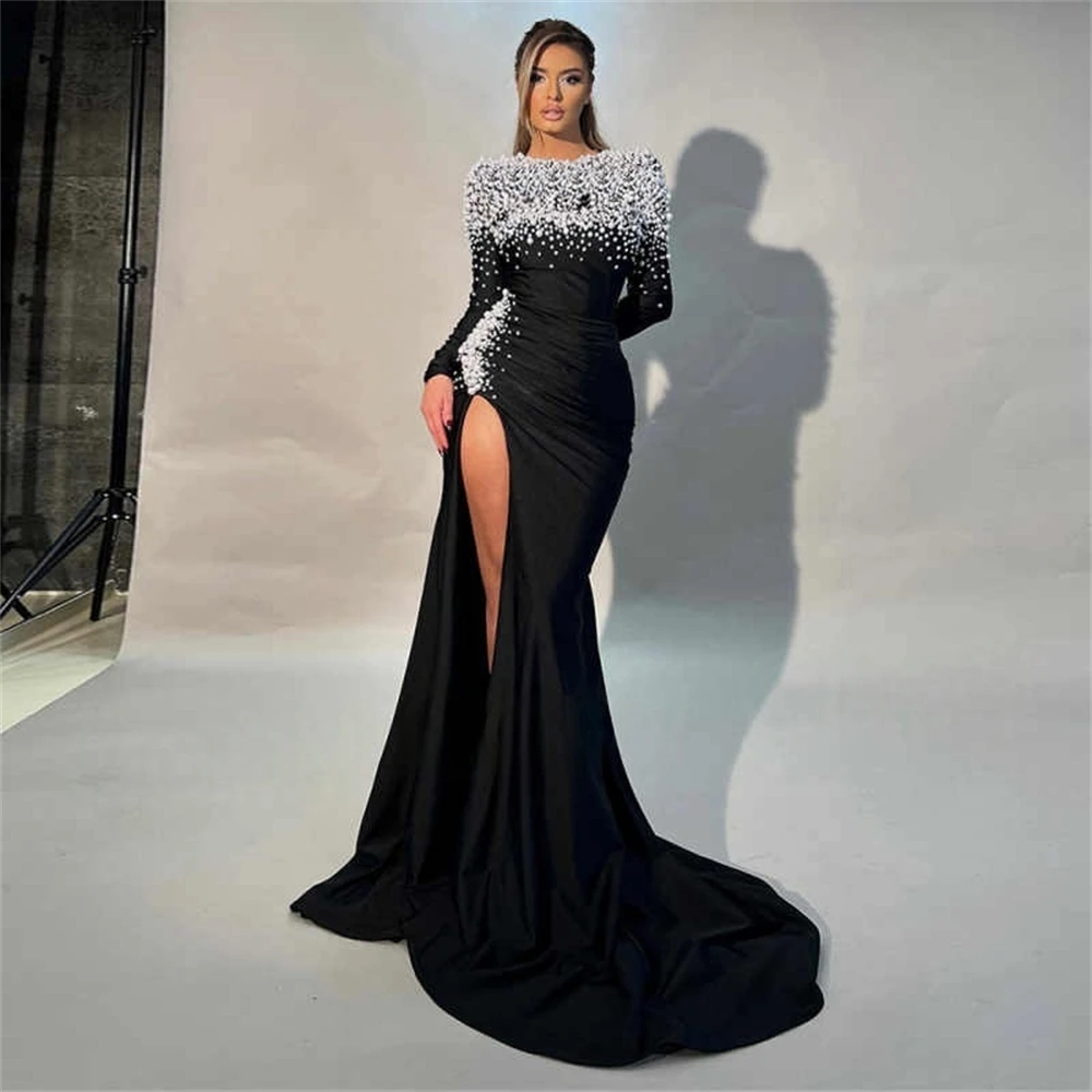 

Customized Mermaid Black Jersey Evening Dress Graceful O-Neck Long Sleeves Homecoming Dress Modern Special Occasion Gowns