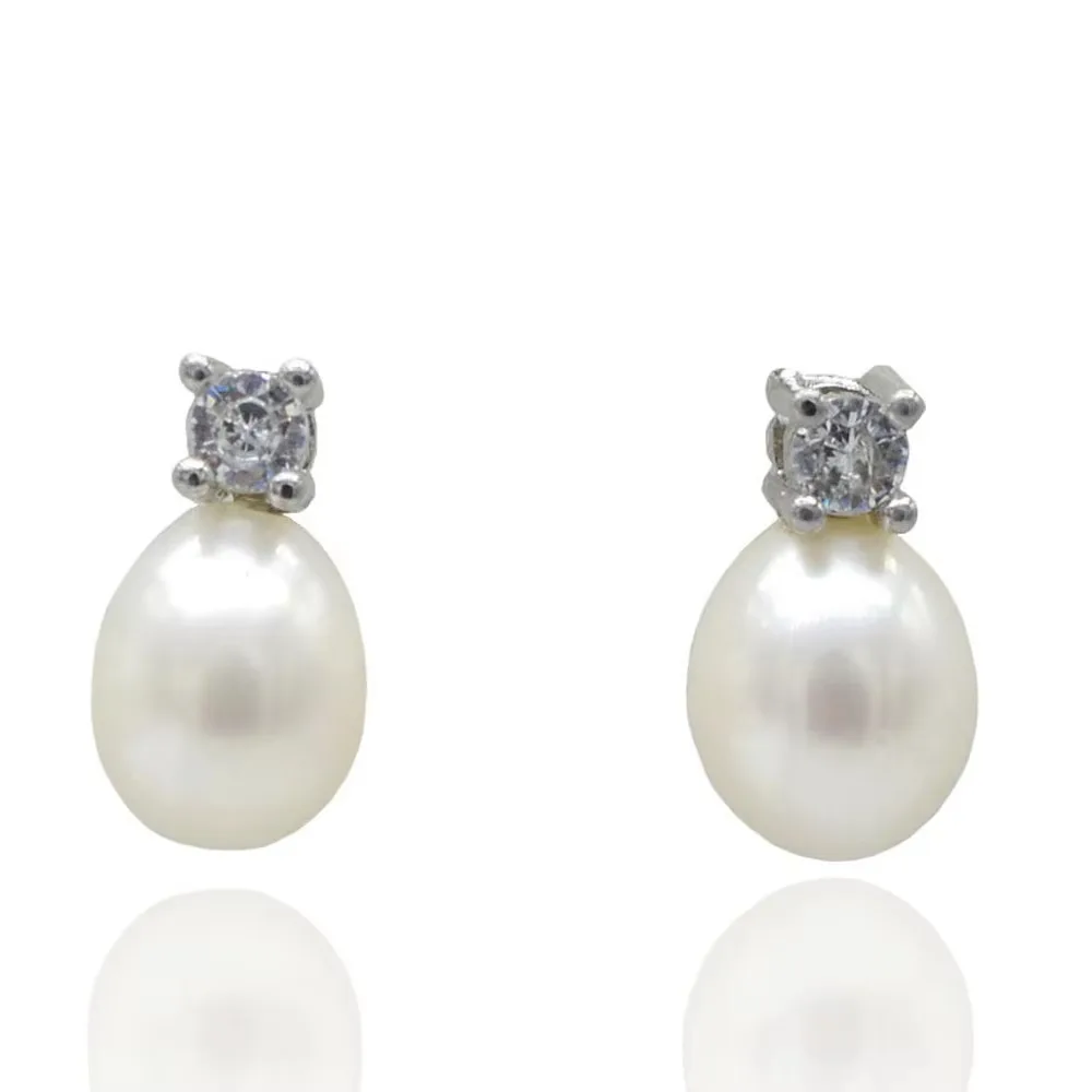 Women's Stud Earrings Natural White Freshwater Pearl Stud Earrings Cubic Zirconia Stud Earrings