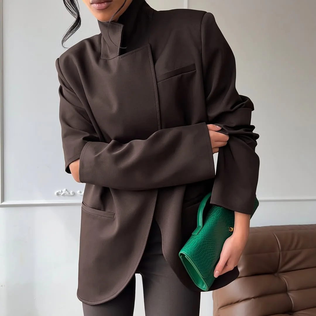 Women Dark Brown Stand Collar Blazer Coat Asymmetrical Placket Hollow out Sleeve Elegant Lady Office Commuter Suit Jacket