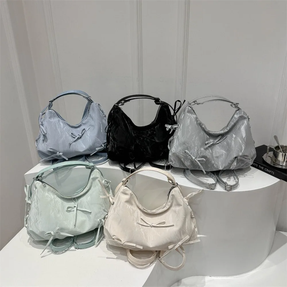 Bolsa de ombro bowknot de couro PU para mulheres, estilo coreano suave, monocromática, impermeável, tiracolo, bolsas ao ar livre