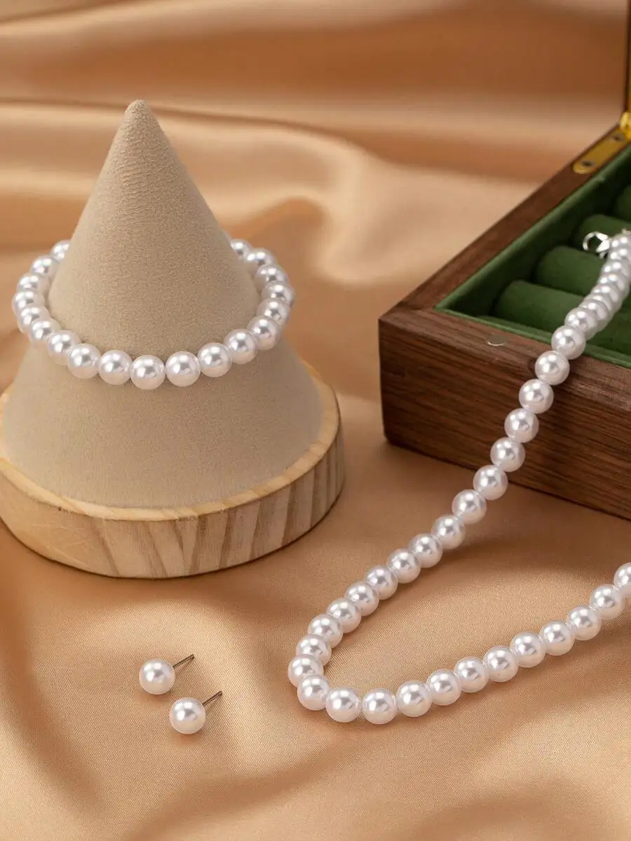 4pcs stylish minimalist faux pearl beaded necklace bracelet earrings set