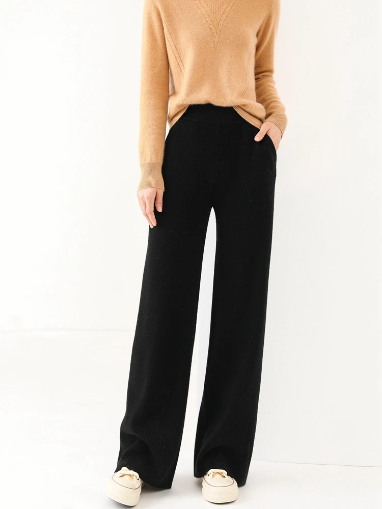 New Women’s Pure Wool Wide Leg Pants Autumn Winter Pockets Elastic Waist Straight leg Trousers 100% Merino Wool Knitting Pants