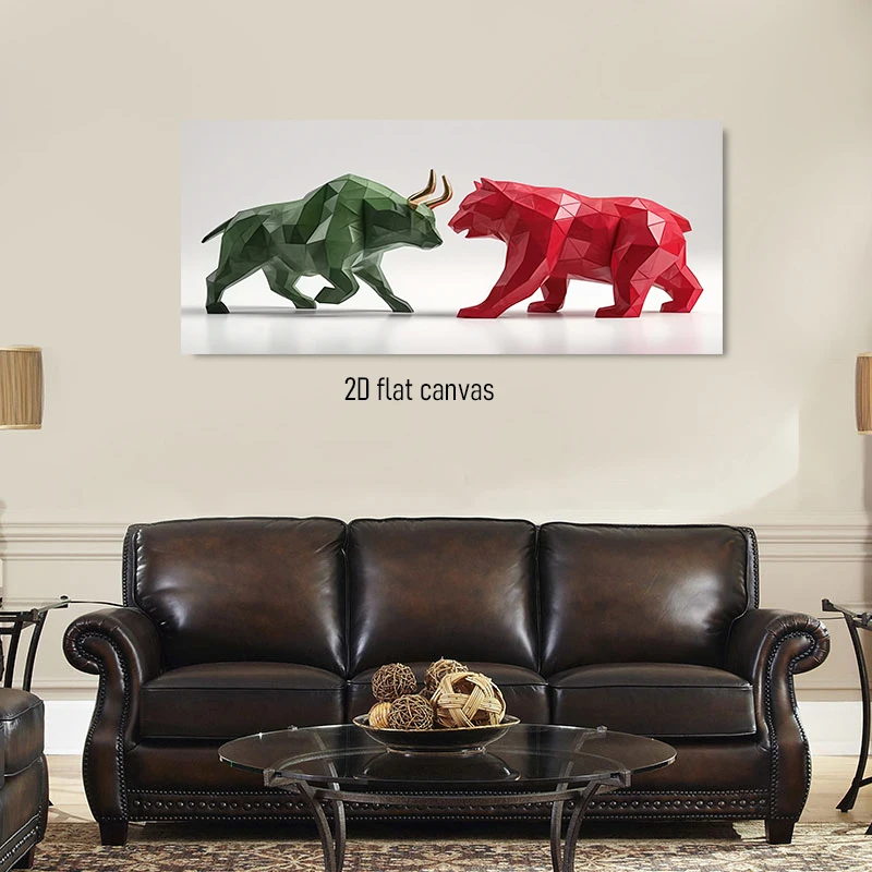 1 Piece – Geometric-style decorative art featuring a red-and-green bull vs. bear standoff; finance-themed canvas wall art 2D