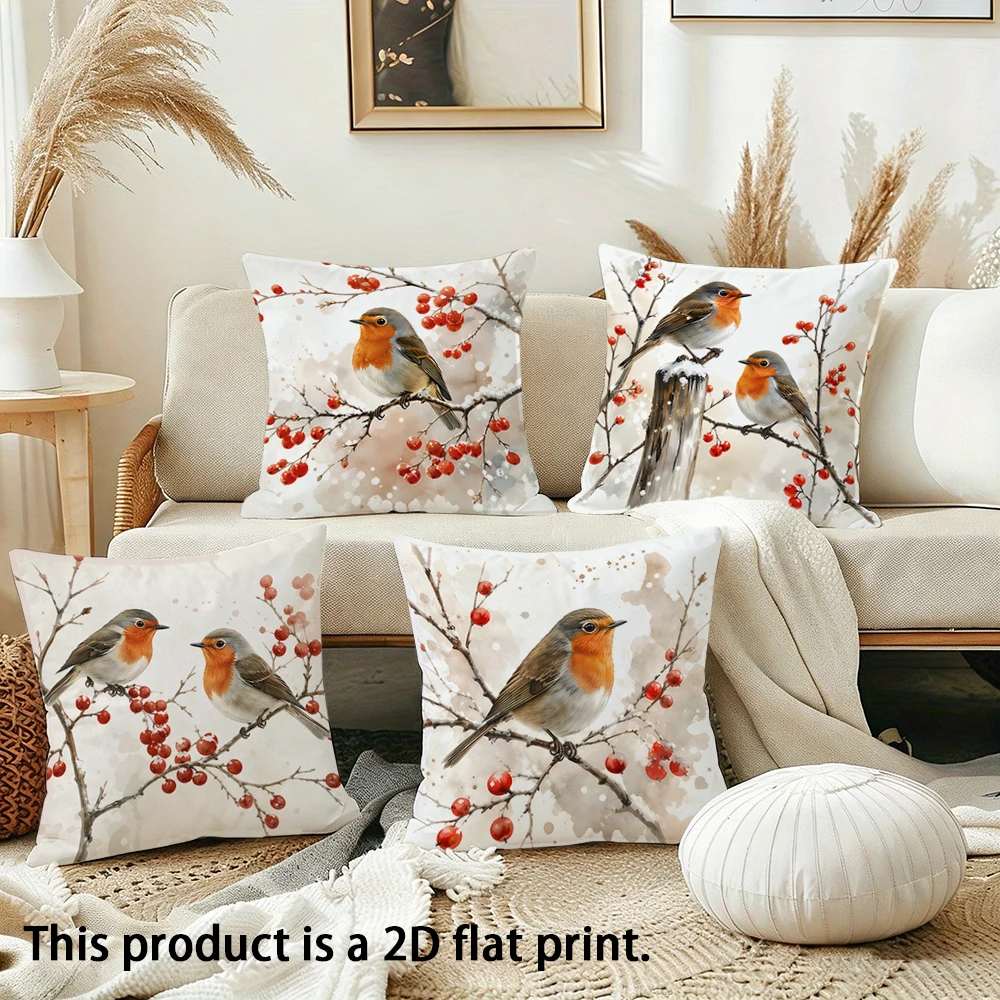 1pc  Watercolor Robin Red Berry Winter Throw Pillow Covers 2D Flat Print Decorative Cushion Cases for Home