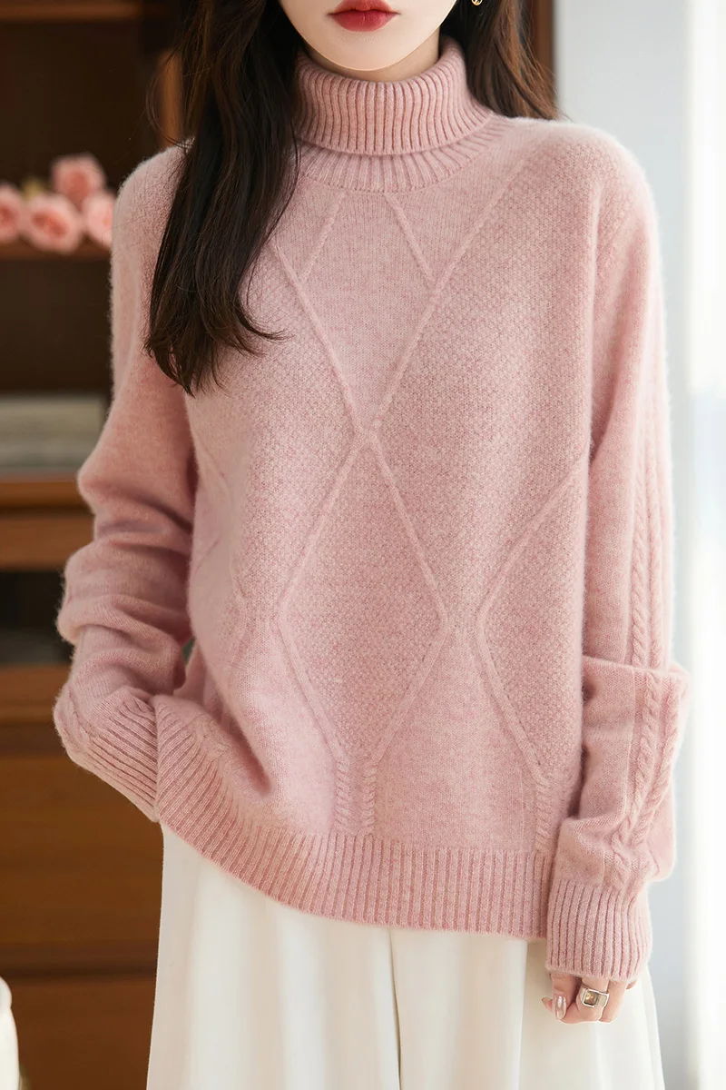 

Women 100% Merino Wool Thickening Sweater High Neck Knitted Pullover Autumn Winter Solid Color Casual Clothing Base Soft Tops