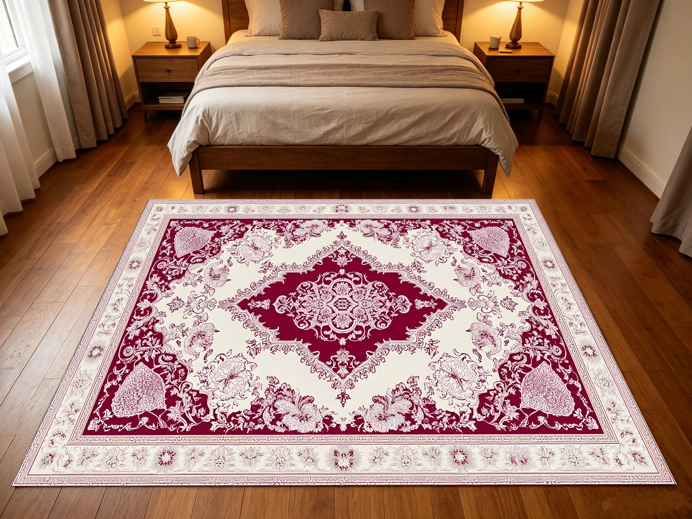 2D Large Rug in Burgundy & Beige European Retro Pattern, Skin-Friendly & Soft, for Living Room & Bedroom, Enhancing the
