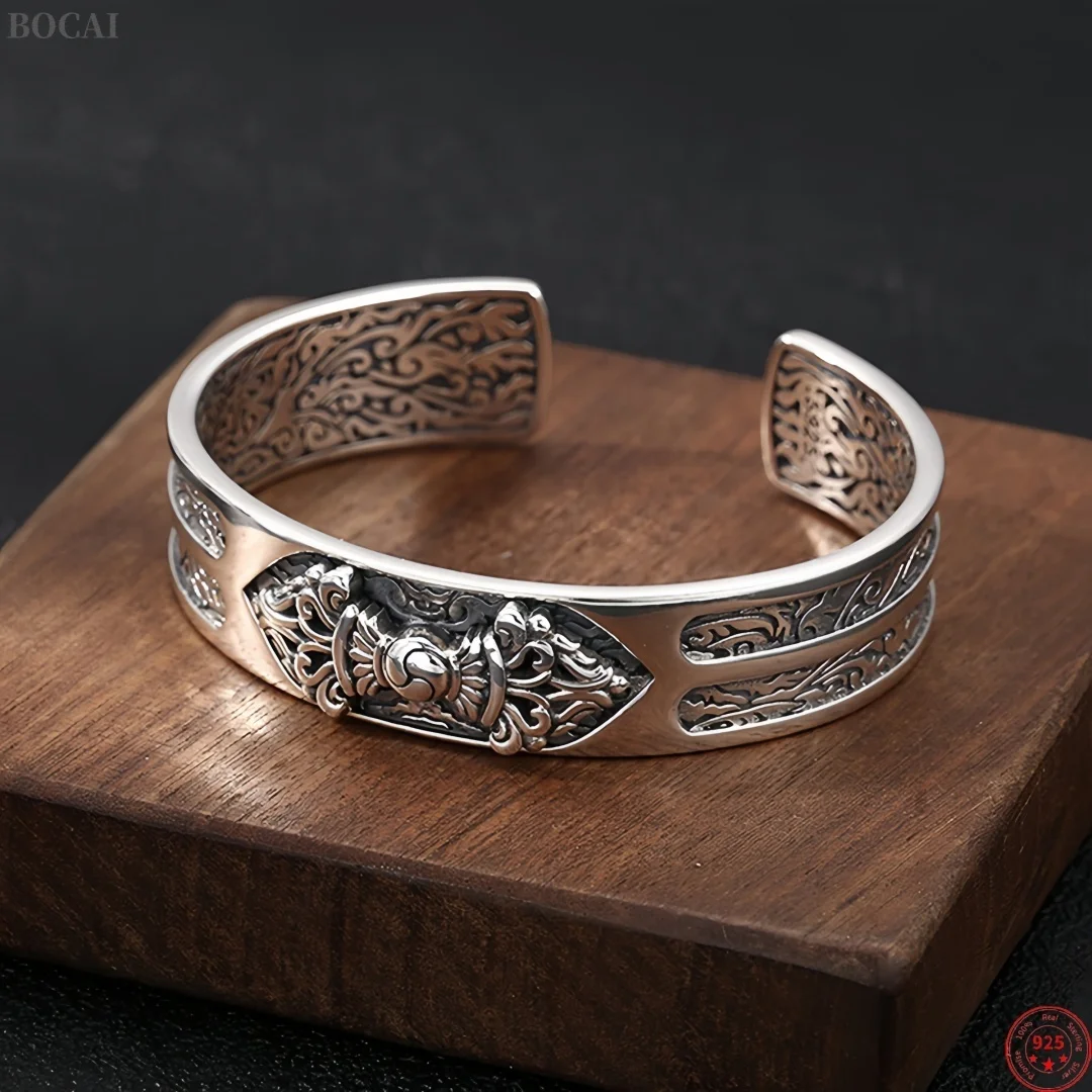 BOCAI New S925 Sterling Silver Charms Bangle for Men Women Antique Buddhist Vajra Pattern Wide Bracelets Fine Choice Jewelry