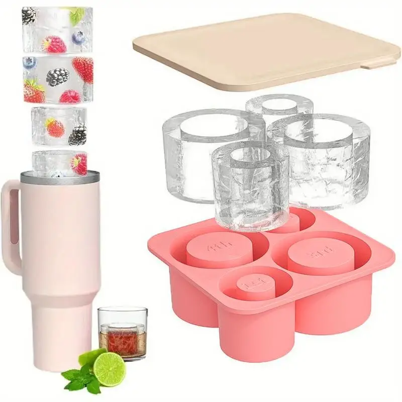 Cup shaped ice cube mold with lid, 4-grid silicone ,   reusable ice cube maker,