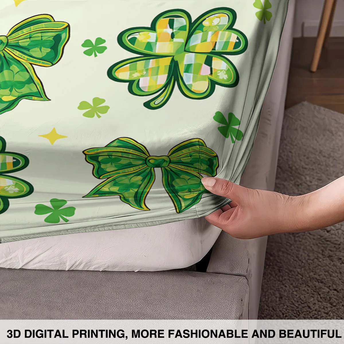 St Patrick's Day Clover Collection Fitted Bed Sheet Set with Pillowcases Soft Cozy European Home Textile Festive Bedroom Decor