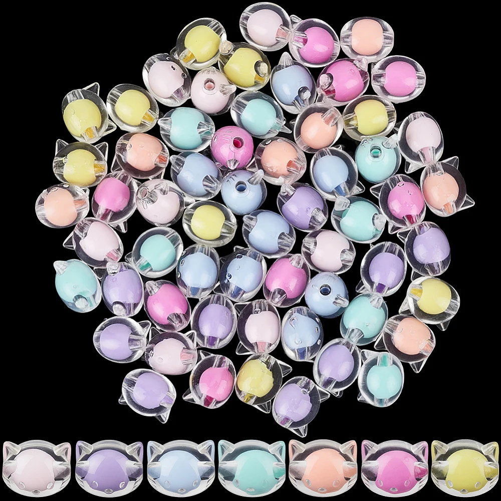 7 Colors 70PCS 16MM Cute Cat Head Beads with Hole Acrylic Cats Bead in Bead Kawaii Animal Pet Transparent Colorful Resin Loose