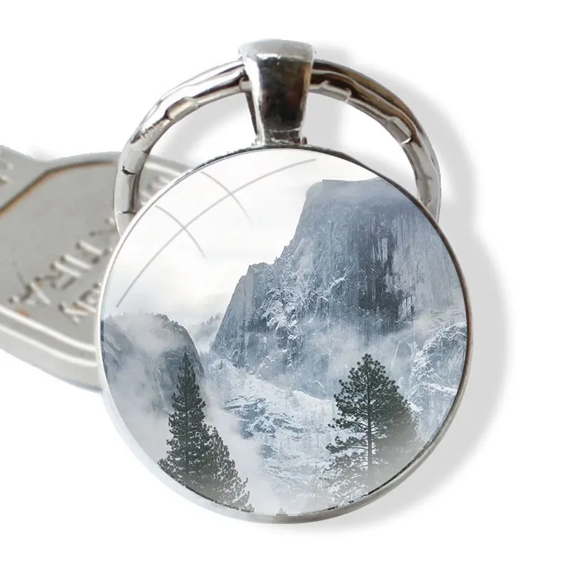 Glass Metal Pendant Key Chain Classic Men Women Key Ring Accessories Jewelry Gifts Mountain Peak Forest Snow mountain White