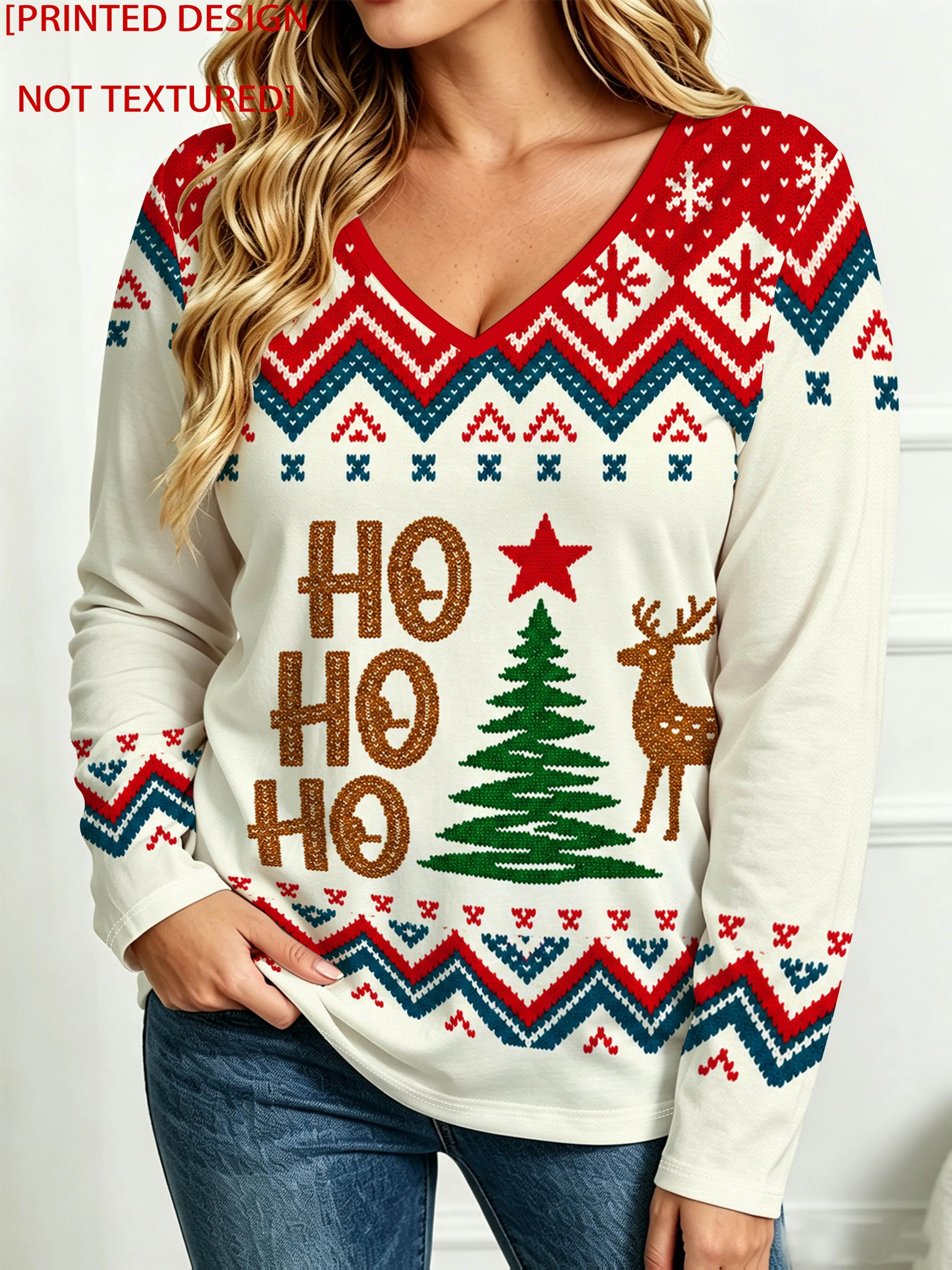 2026 Christmas Women Long Sleeve T Shirt Snowman Plaid Star Patchwork Print V Neck Winter Casual Top Women's Clothes