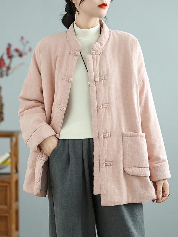 

New Chinese Sle Women's Cotton Jaet with Button Retro Cotton Coat Pink Stand Collar Flax Cotton Clothes Winter 2025 New A...