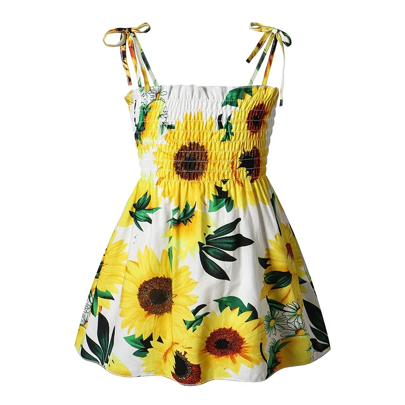 Summer Baby Girl Dress Korean Style Children Kids Fashion Casual Cute Halter Dresses Floral Print Suspender Dress 2-9Y