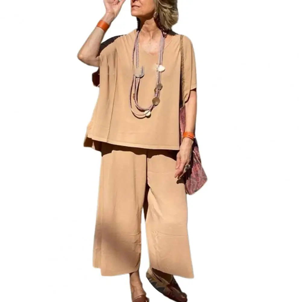 تي شيرت بنطال ذو قصة أرجل واسعة طقم تي شيرت نسائي برقبة على شكل حرف V طقم بنطال ذو قصة أرجل واسعة لزي الصيف فضفاض