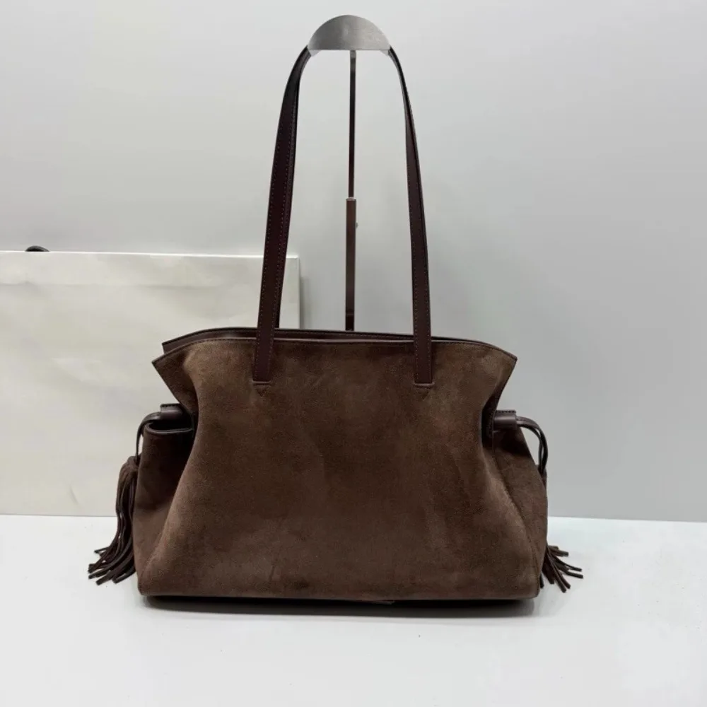 New Retro Tassel Suede Tote Bag Cowhide Lucky Fashion Cloud Drawstring One Shoulder Hand Carry Genuine Leather Women's Bag