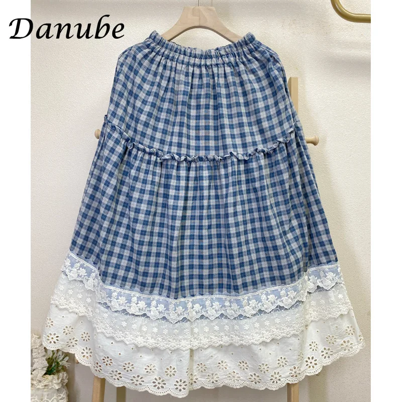 Vintage Lace Patchwork Plaid Skirt Women Spring Japanese Mori Girl High Waist Cotton Linen Cake Skirt Casual A-Line Holiday Muje