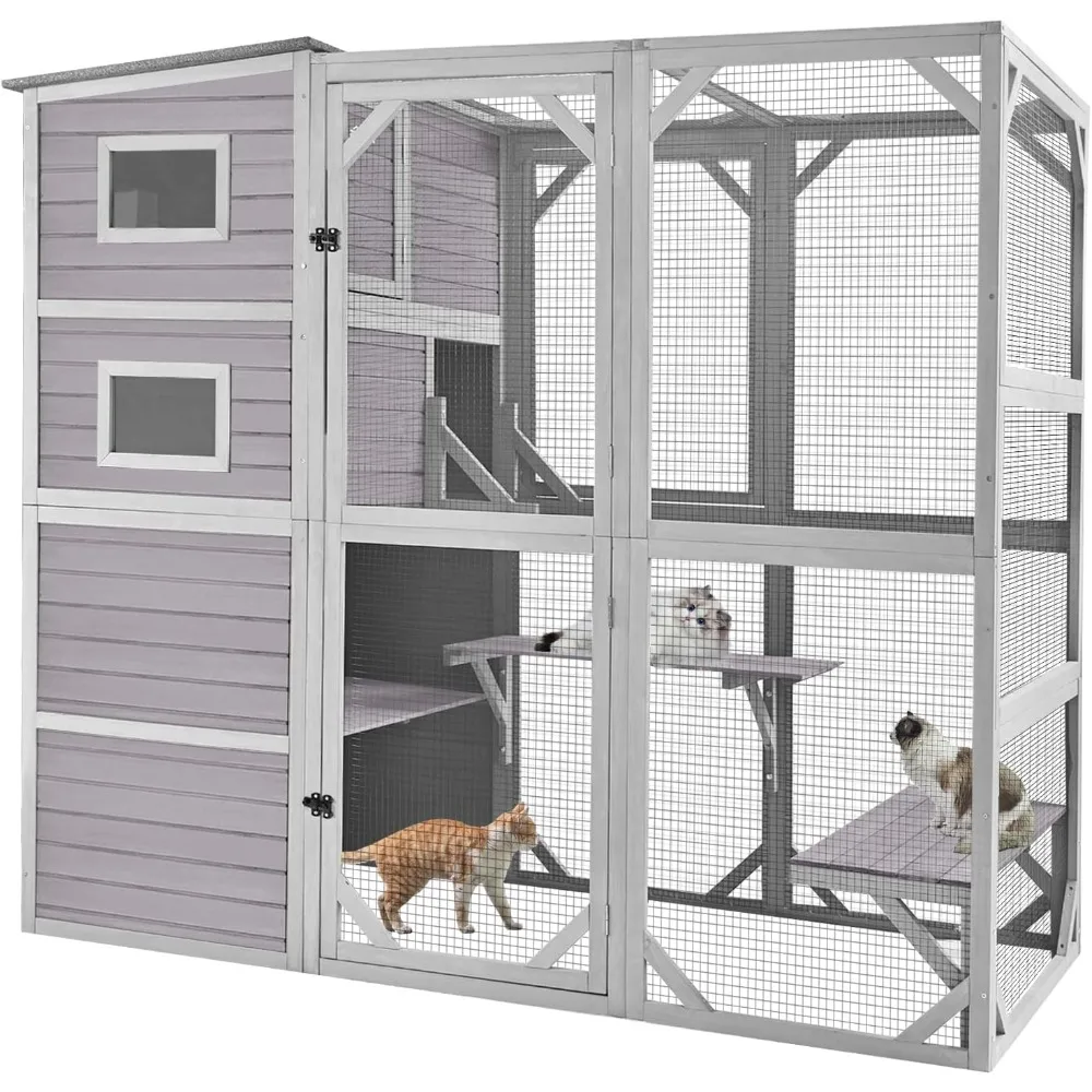 

Outdoor Cat Enclosure for Multiple Cats Weatherproof Large Cat House with 4 Levels, 3 Resting Rooms, 3 Platforms,77" L