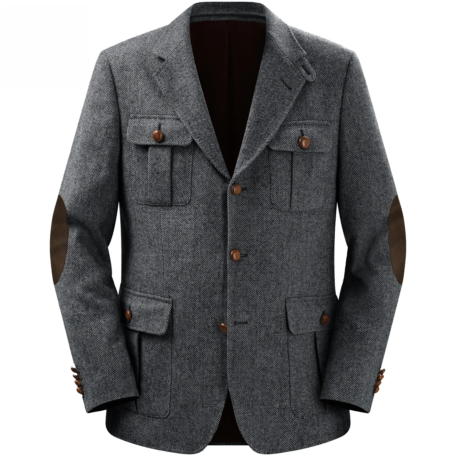 メンズジャケット マルチポケット ハンティングウェア ツイード ダブルブレスト ブレザー ヘリンボーン カジュアル エレガント レトロ 新スタイル メンズスーツ