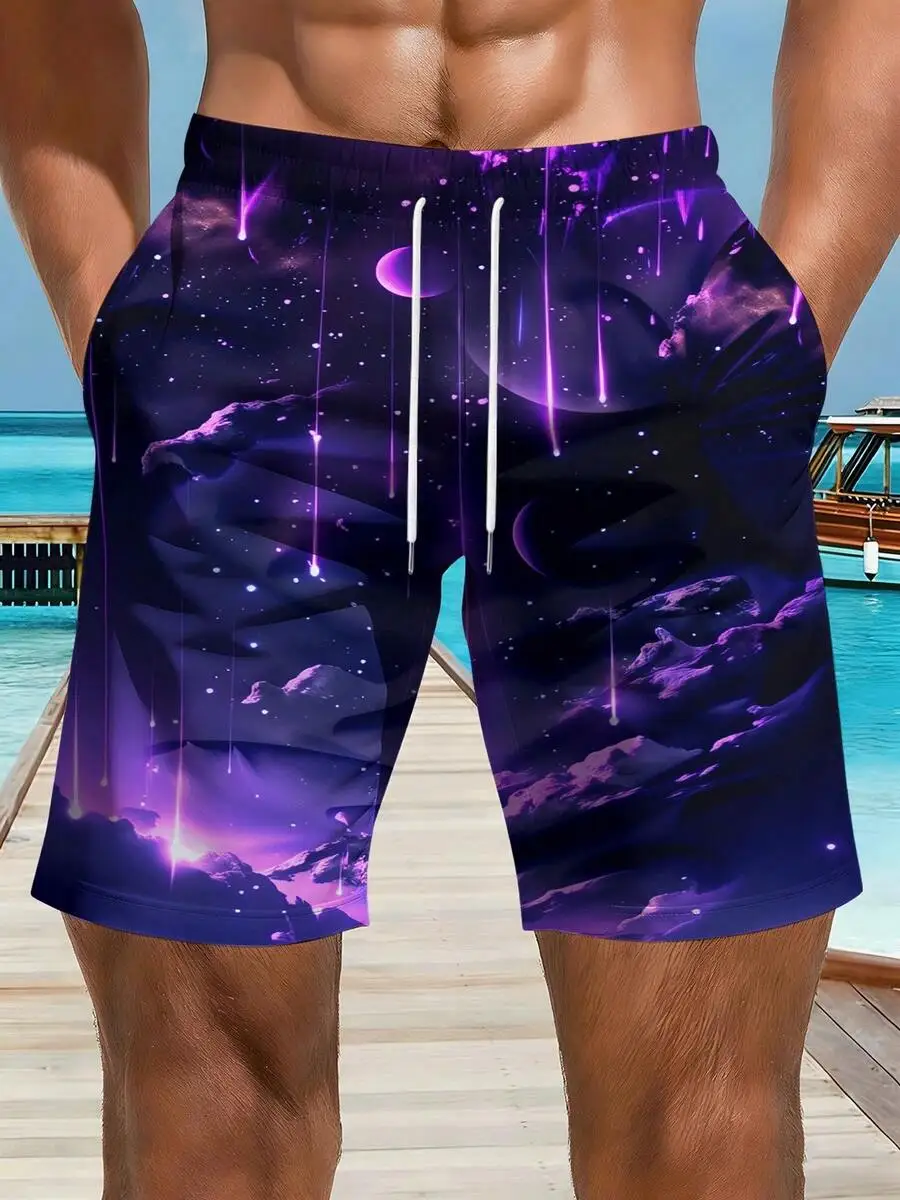 

Mens Beach Shorts 3D Print Purple Galaxy Stars Clouds Meteor