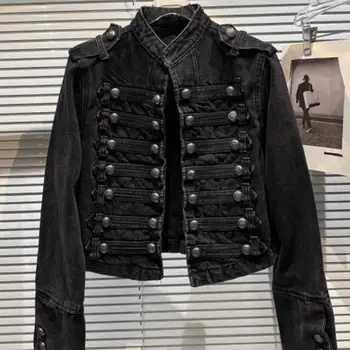 Chaqueta Mujer Metal Double Breasted Stand Collar Design Denim Jacket Top Denim Women Clothing American Overcoat Outwear