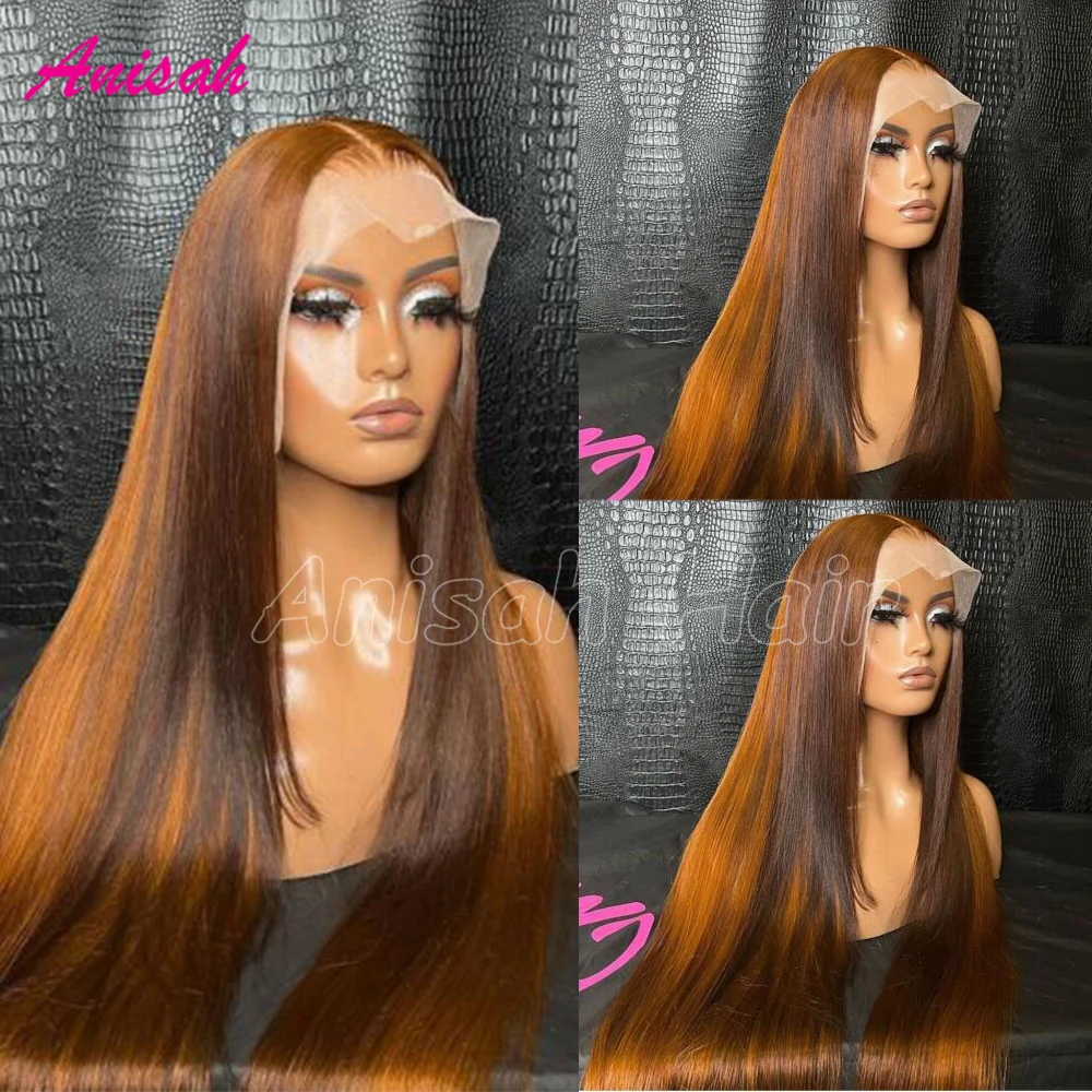 

Peruvian Virgin Hair Straight Lace Frontal Wig Ombre Highlight Brown Colored 13x4 HD Transparent Lace Front Human Hair Wigs