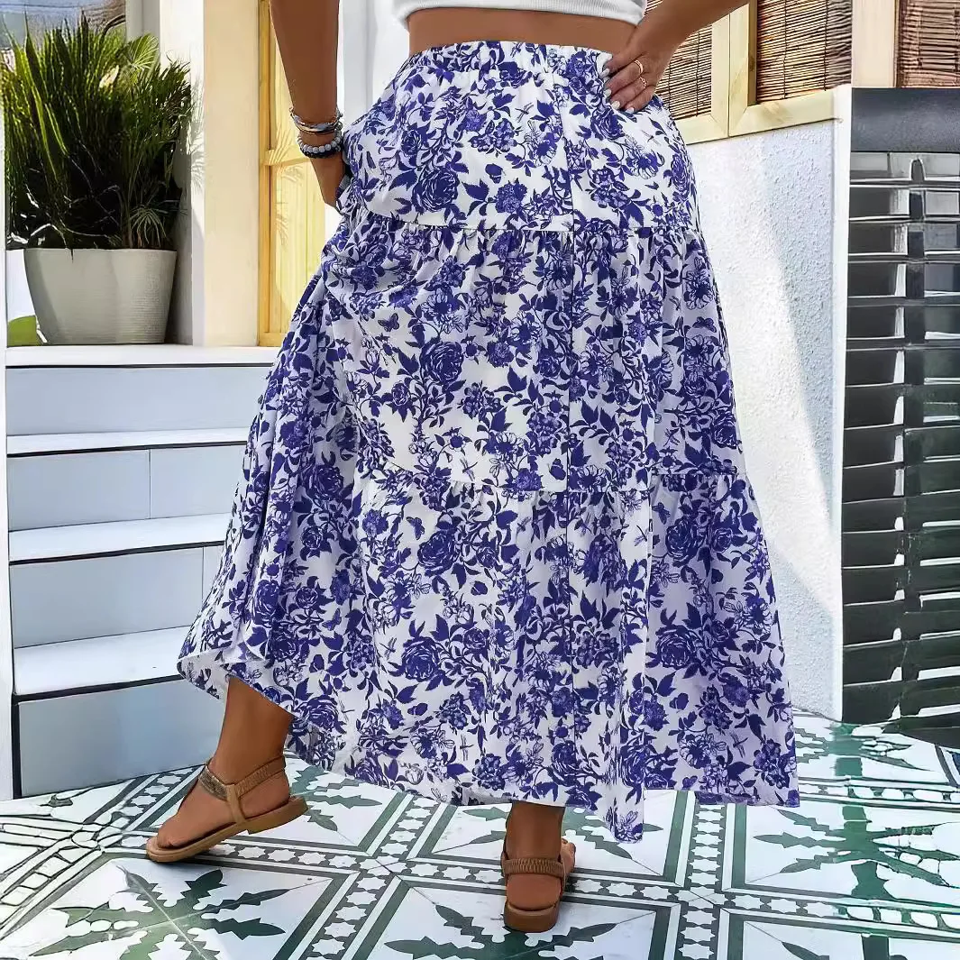 

2025 Women's Elegant Printed Skirt Casual And Fashionable Loose High Waist Long Retro Women's Beach Vacation A-line Ankle Skirt