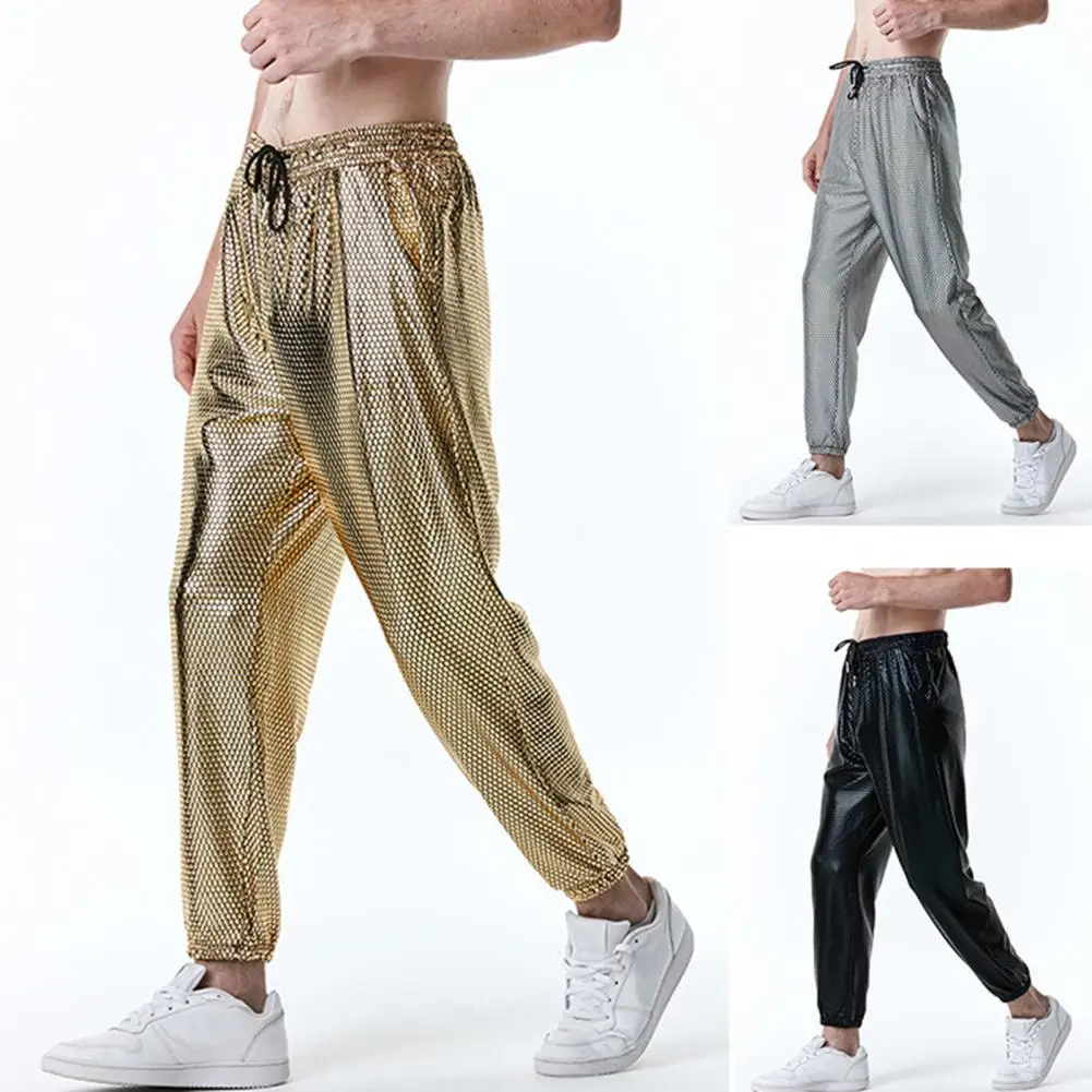 Pantaloni da uomo Comfort per tutti i giorni pantaloni da uomo da discoteca retrò anni '70 vita elastica rombo abbronzante pantaloni da festa Club alla caviglia metallici