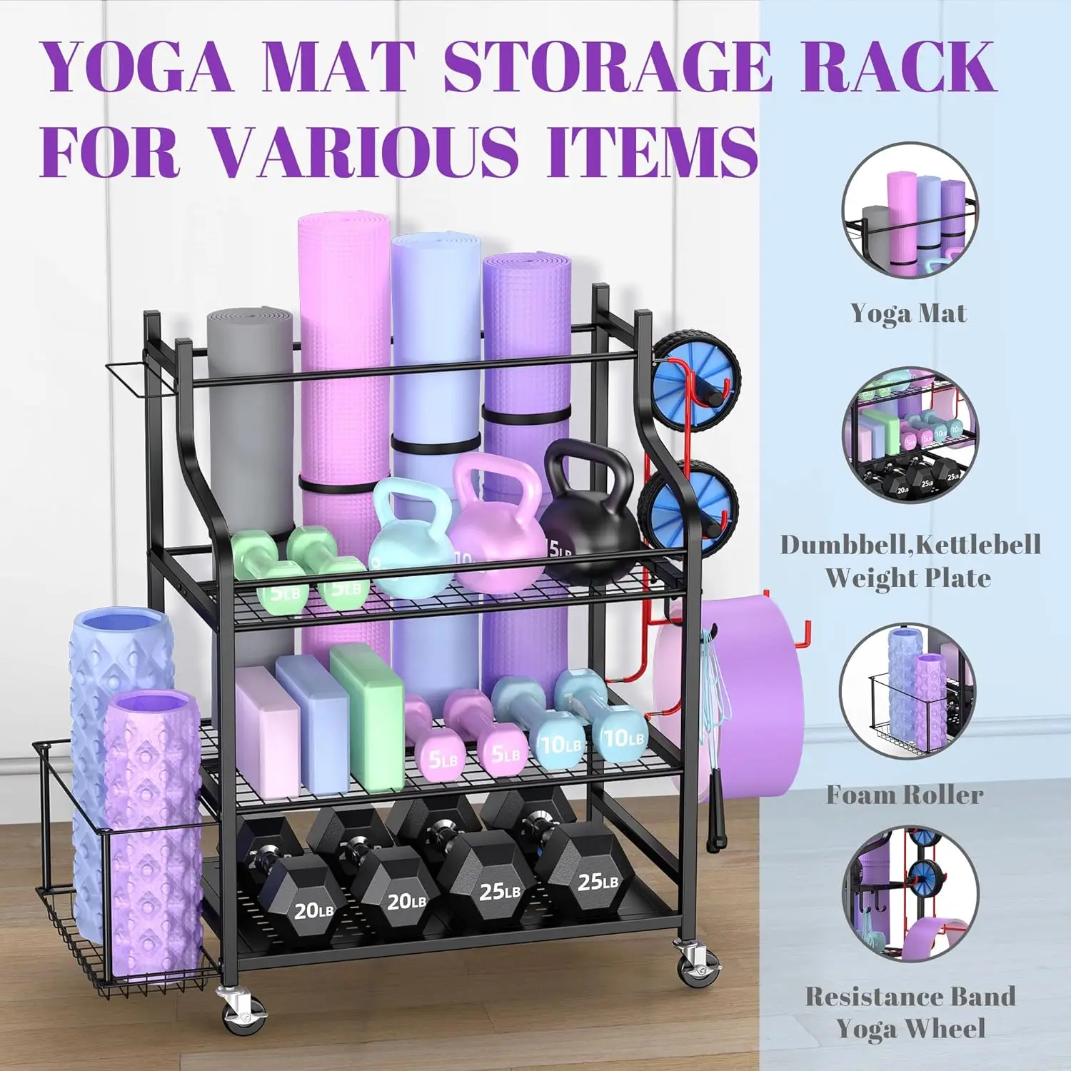 Yoga Mat Storage Racks,Home Gym Storage Rack for Dumbbells Kettlebells Foam Roller, Yoga Strap and Resistance Bands