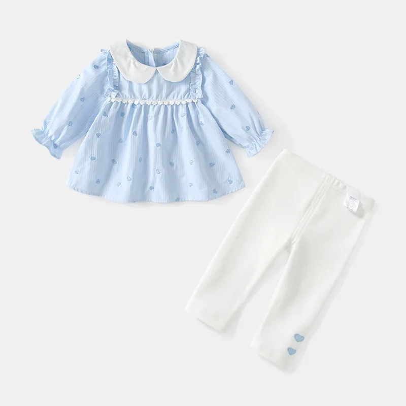 2026New light blue heart-shaped girls' outfit, heart-patterned white collared dress two-piece set, cute and gentle children's cl