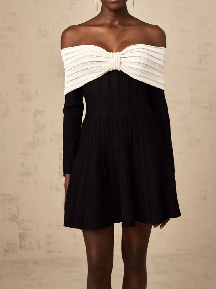 Sexy Off Shoulder Long Sleeves Bow Design A-line Dress Women Black and white Color Bow Knit Mini Dresses Elegant Evening Party