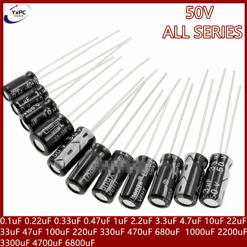 50V Kapasitor Elektrolit Aluminium 0.22UF 0.33UF 0.47 1 2.2 3.3 4.7 10 22 33 47 100 220 330 470 680 1000 2200 3300 4700 6800UF
