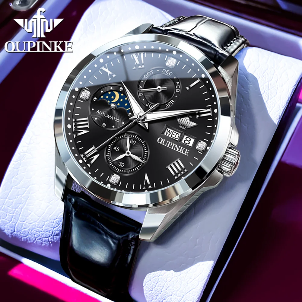 

OUPINKE 3300 Top Luxury Men's Watches Original Leather Strap Waterproof Luminous Watch Dual Calendar Wristwatches