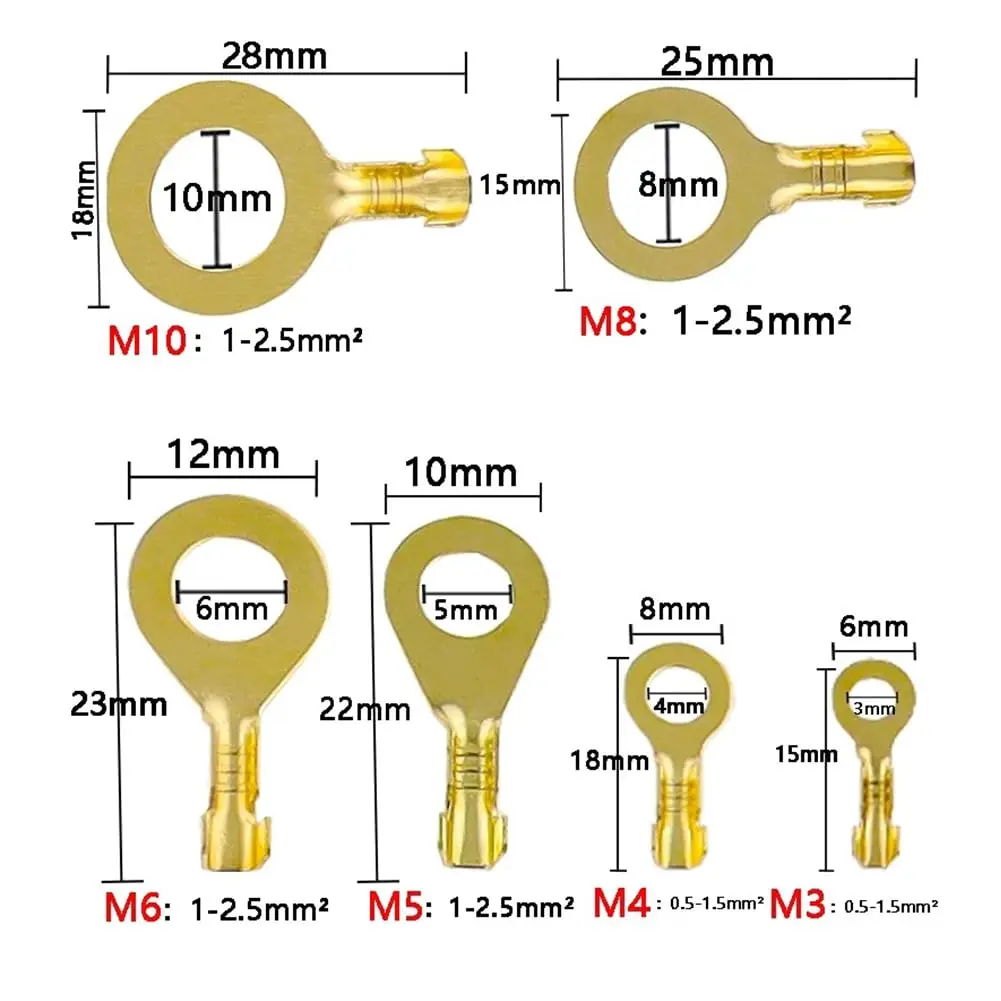 150 шт. M3 M4 M5 M6 M8 M10 Ассортимент медных кольцевых клемм, неизолированные обжимные разъемы для проводов с открытым стволом, медь O-образного типа