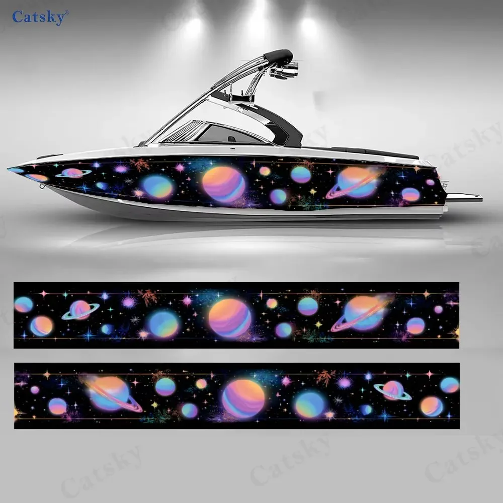 2Pcs Pink & Blue Planet Doodle Boat Stickers, PVC Waterproof Vinyl Wrap Decals for Fishing Boats, Durable and Stylish Design