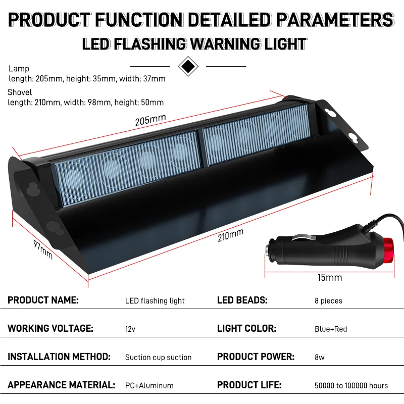 12V Car Flashing Signal Lamp 8LED Multi Mode Strobe Light Windshield Emergency Warning Lights Beacon Red Blue Auto Accessories